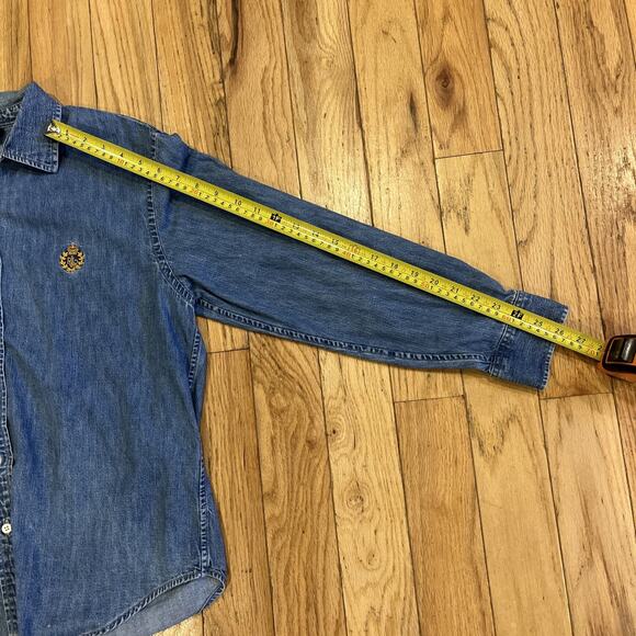 90s Ralph Lauren Blue Denim Button Down Shirt Crown Logo Pocket Womens Large - Picture 7 of 14
